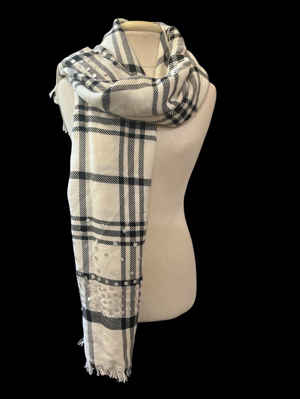 Talbots NWT Neck Scarf-Black/Beige-Sequins-Fringe-70x28-1141